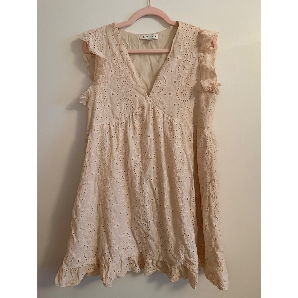 HYFVE Cream Eyelet Ruffle V-Neck Mini Dress - Size Large